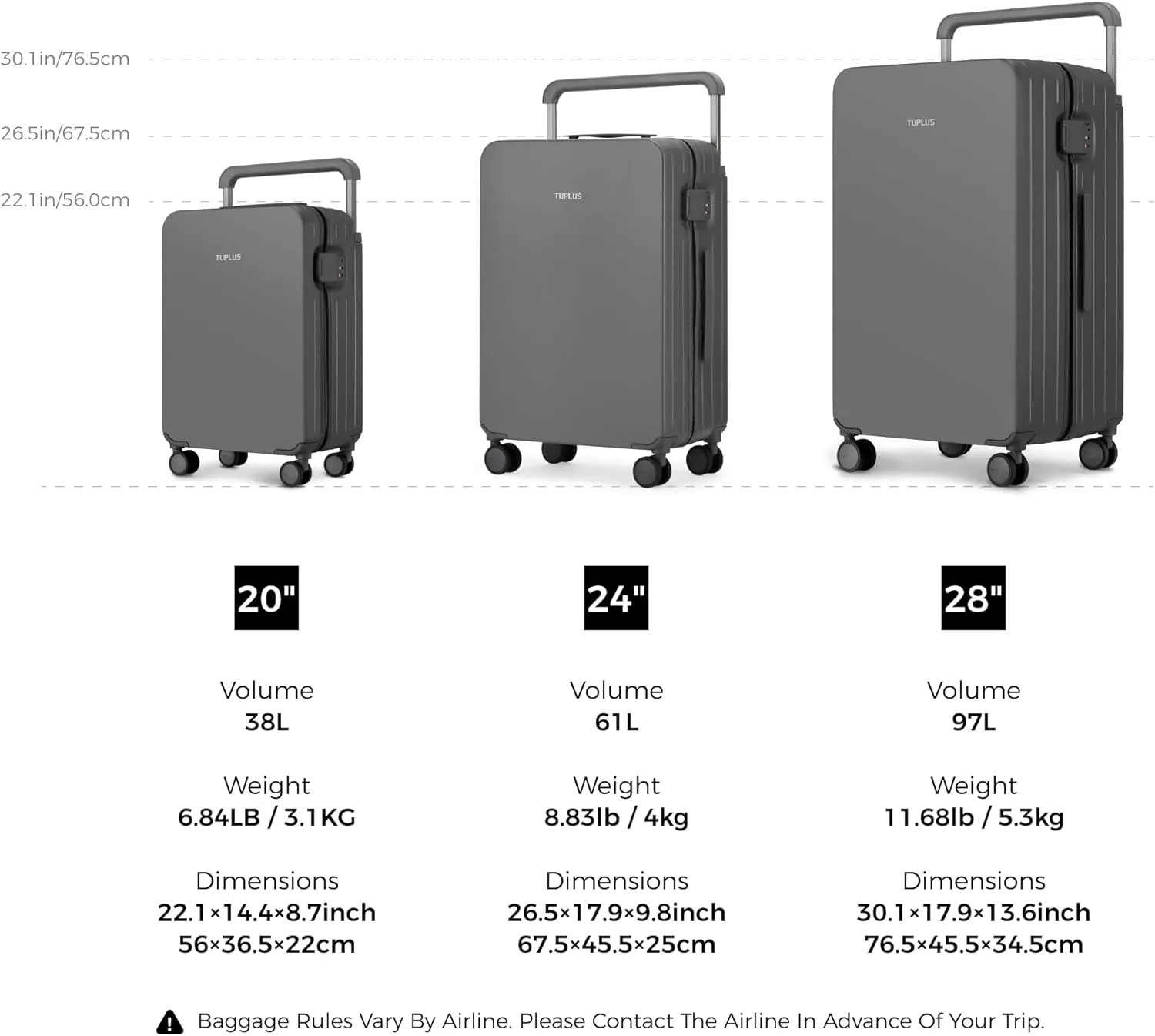 TUPLUS Suitcase Lightweight Luggage Hard Shell Suitcase with 4 Spinner Wheels Hold Check in Travel Case, Impression Series