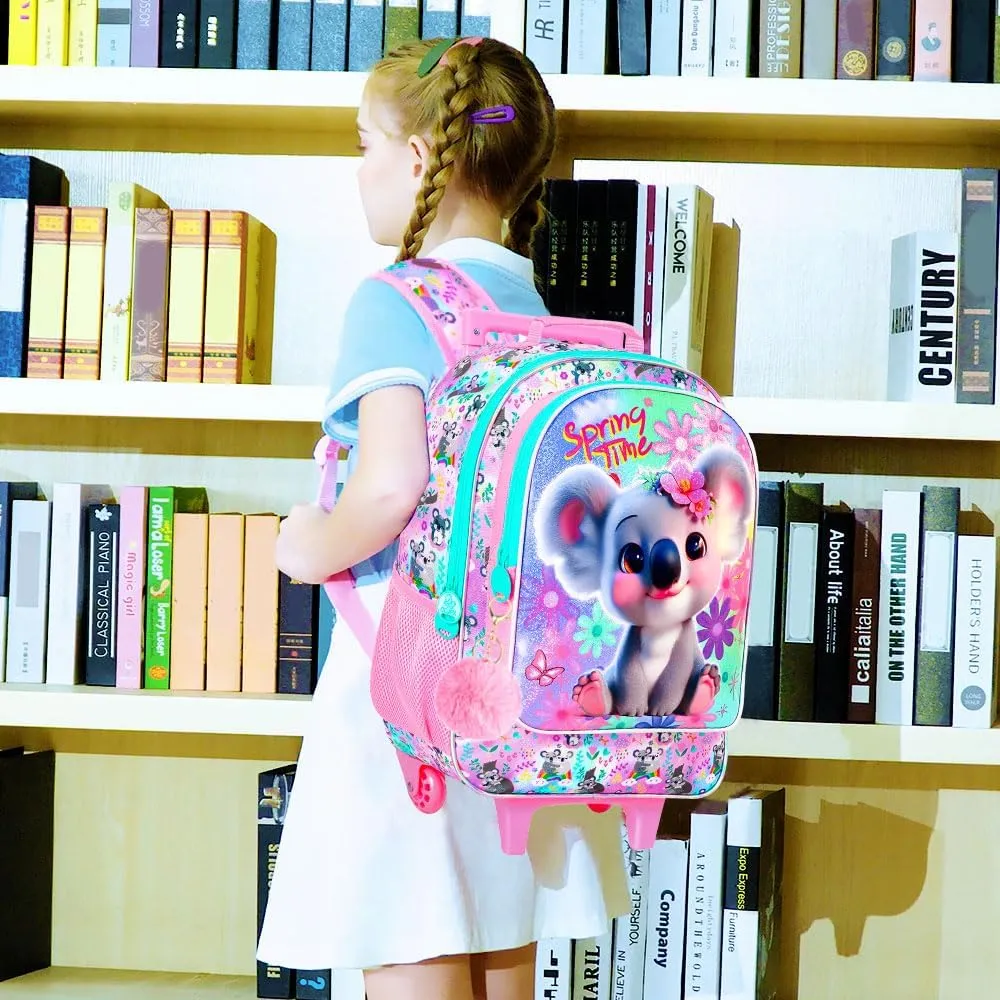 UFNDC 4PCS Rolling Backpack for Girls, Cute Kids Koala Wheeled Bookbag，Roller School Bag with Wheels for Elementary Preschool Travel