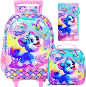UFNDC 4PCS Rolling Bookbag for Girls, Cute Kids Dog Wheeled Backpack，Roller School Bag with Wheels for Elementary Preschool Travel