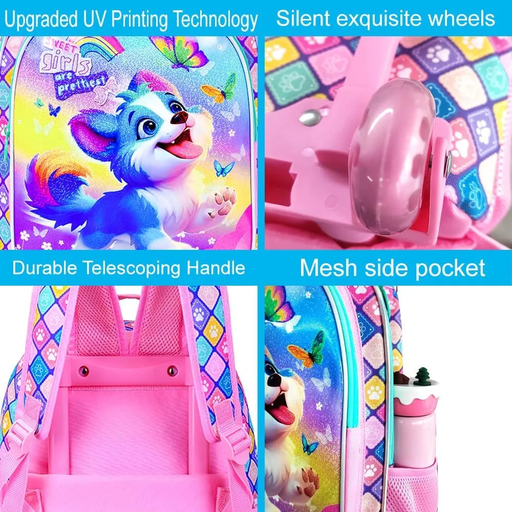 UFNDC 4PCS Rolling Bookbag for Girls, Cute Kids Dog Wheeled Backpack，Roller School Bag with Wheels for Elementary Preschool Travel