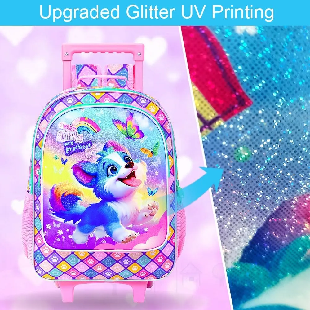 UFNDC 4PCS Rolling Bookbag for Girls, Cute Kids Dog Wheeled Backpack，Roller School Bag with Wheels for Elementary Preschool Travel