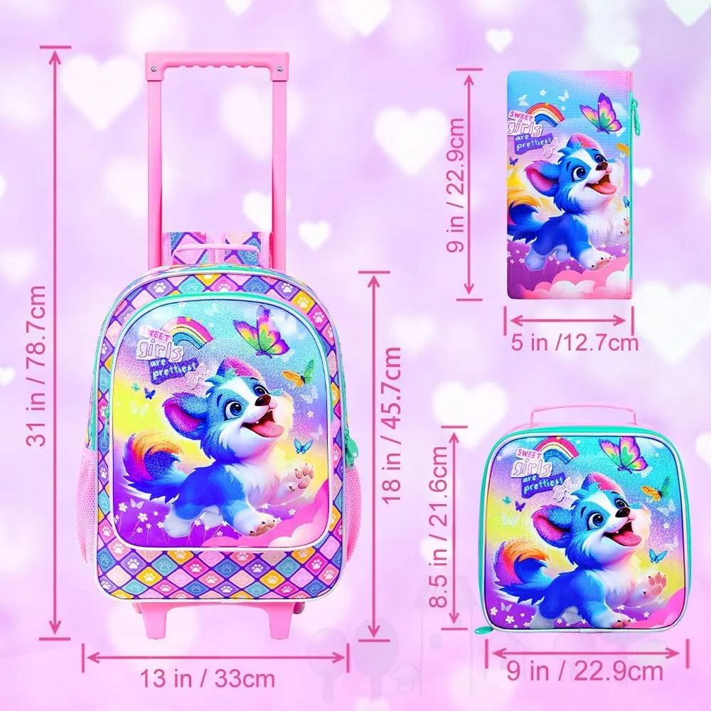UFNDC 4PCS Rolling Bookbag for Girls, Cute Kids Dog Wheeled Backpack，Roller School Bag with Wheels for Elementary Preschool Travel