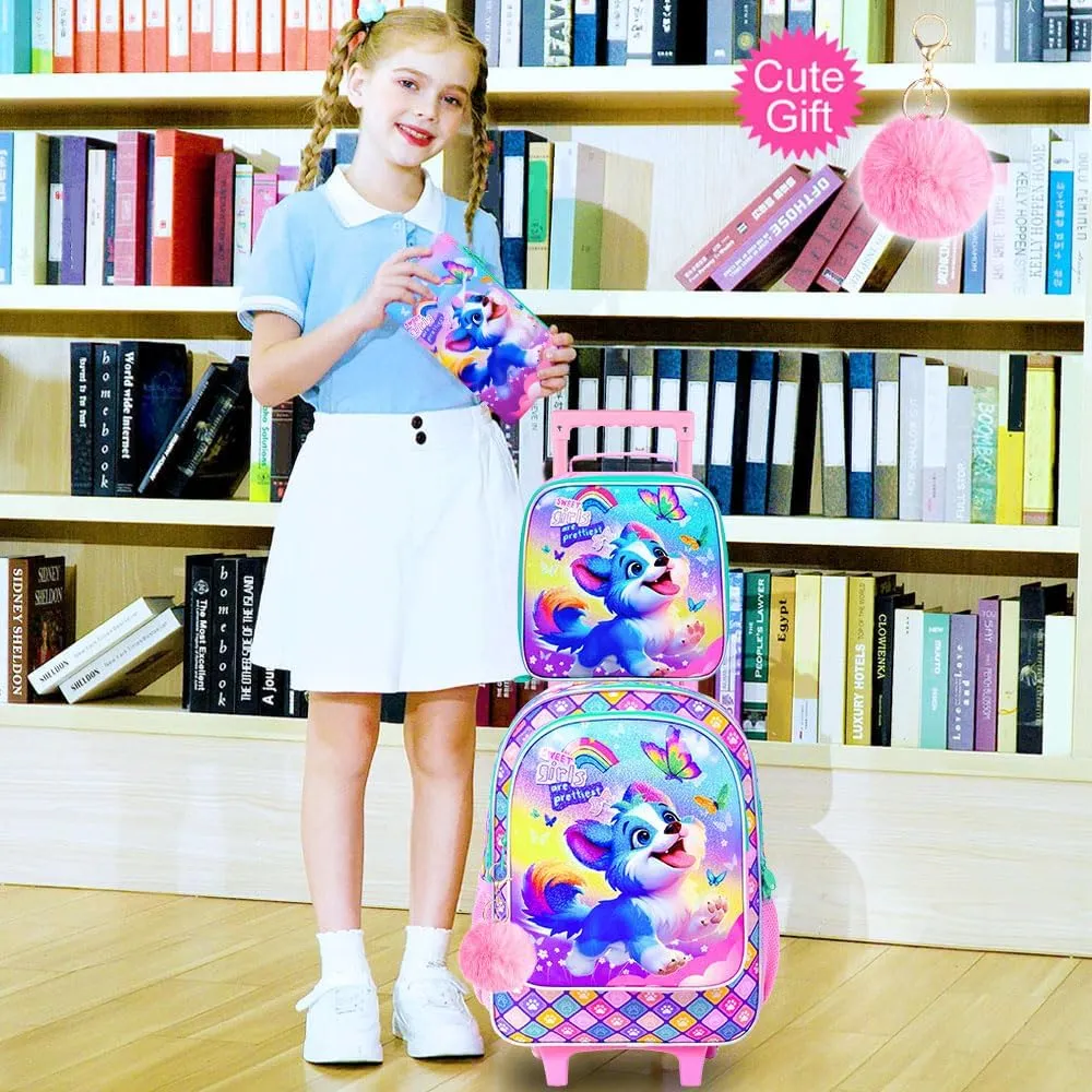 UFNDC 4PCS Rolling Bookbag for Girls, Cute Kids Dog Wheeled Backpack，Roller School Bag with Wheels for Elementary Preschool Travel