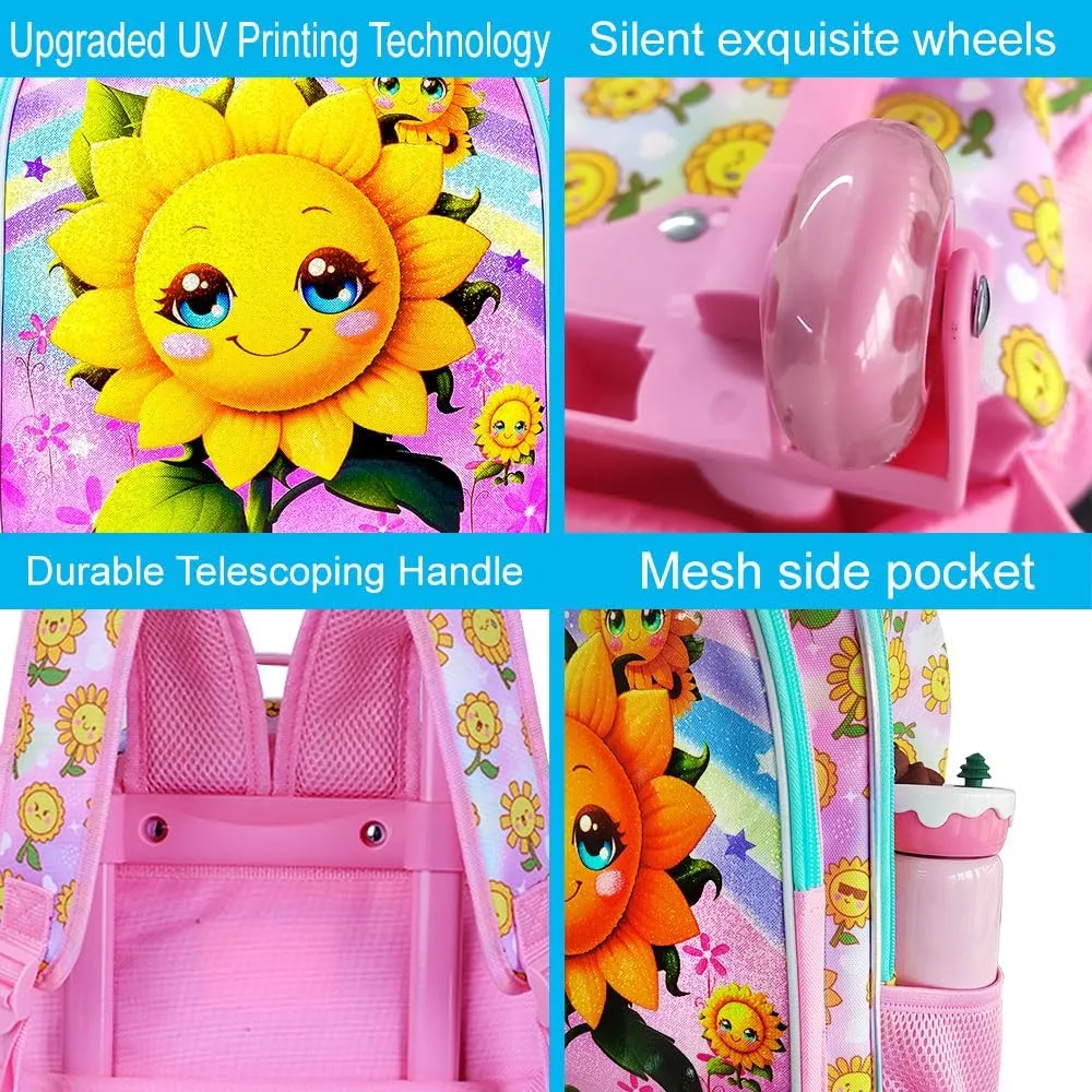UFNDC 4PCS Rolling Bookbag for Girls, Cute Kids Smiling Sunflower Wheeled Backpack，Roller School Bag with Wheels for Elementary Preschool Travel