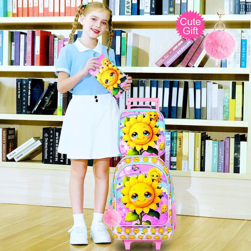 UFNDC 4PCS Rolling Bookbag for Girls, Cute Kids Smiling Sunflower Wheeled Backpack，Roller School Bag with Wheels for Elementary Preschool Travel