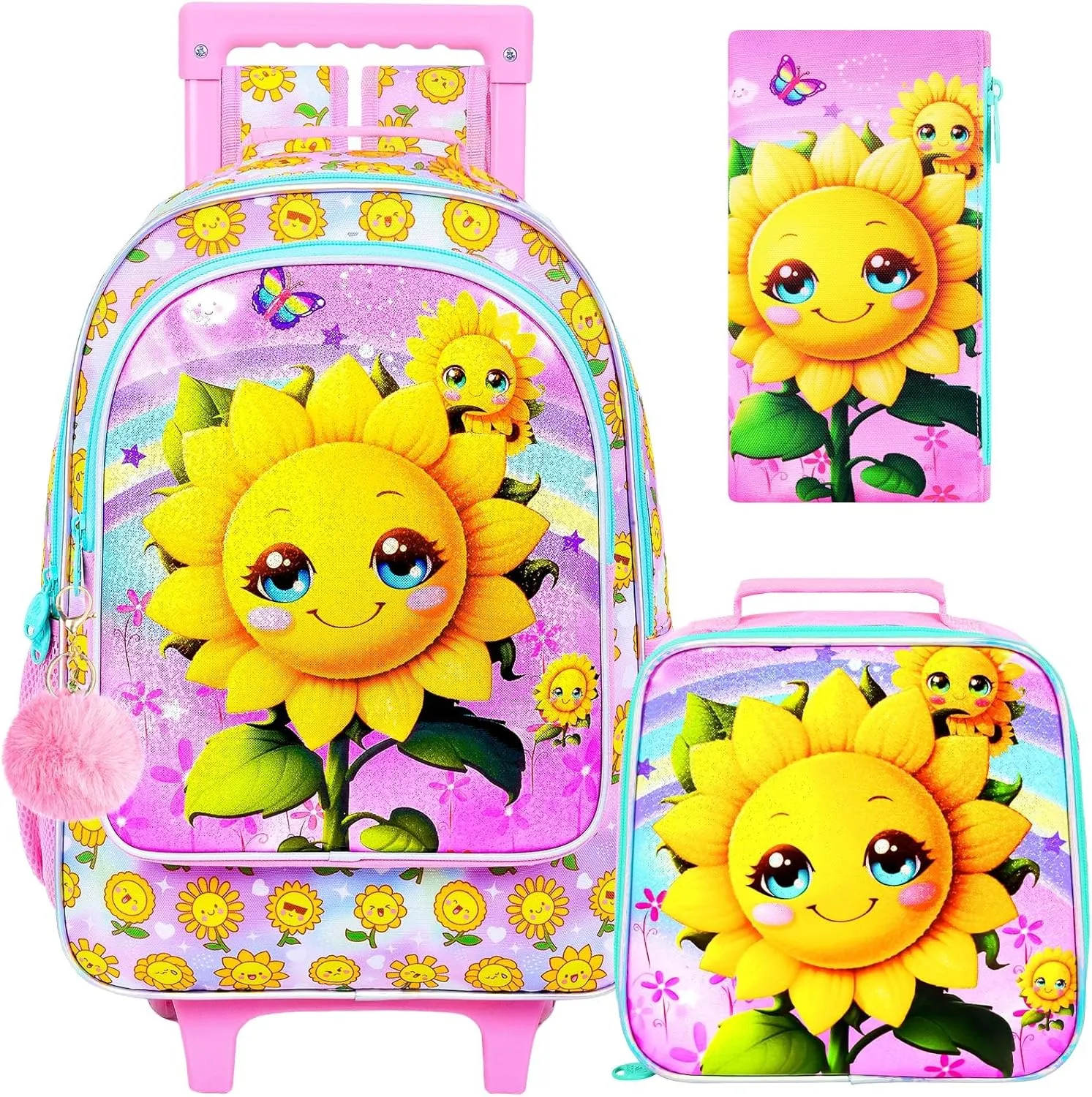 UFNDC 4PCS Rolling Bookbag for Girls, Cute Kids Smiling Sunflower Wheeled Backpack，Roller School Bag with Wheels for Elementary Preschool Travel