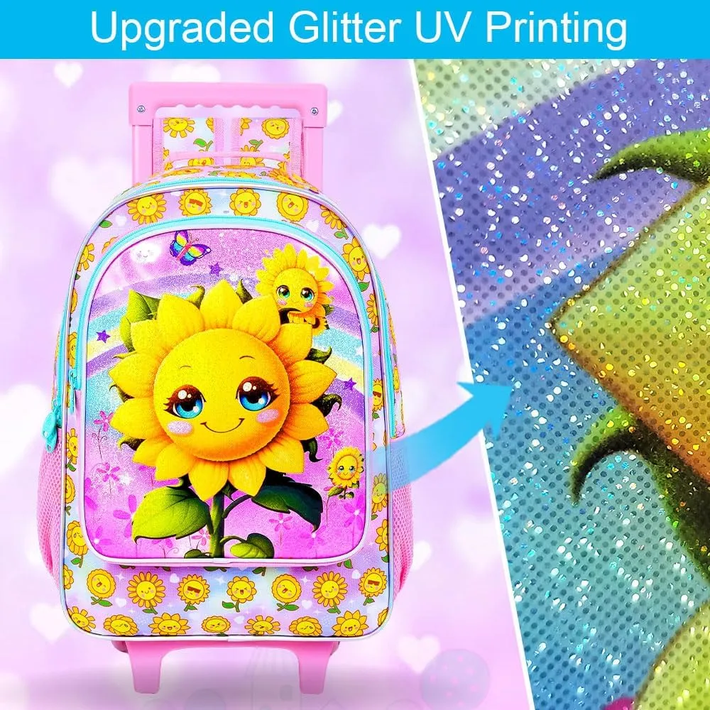 UFNDC 4PCS Rolling Bookbag for Girls, Cute Kids Smiling Sunflower Wheeled Backpack，Roller School Bag with Wheels for Elementary Preschool Travel