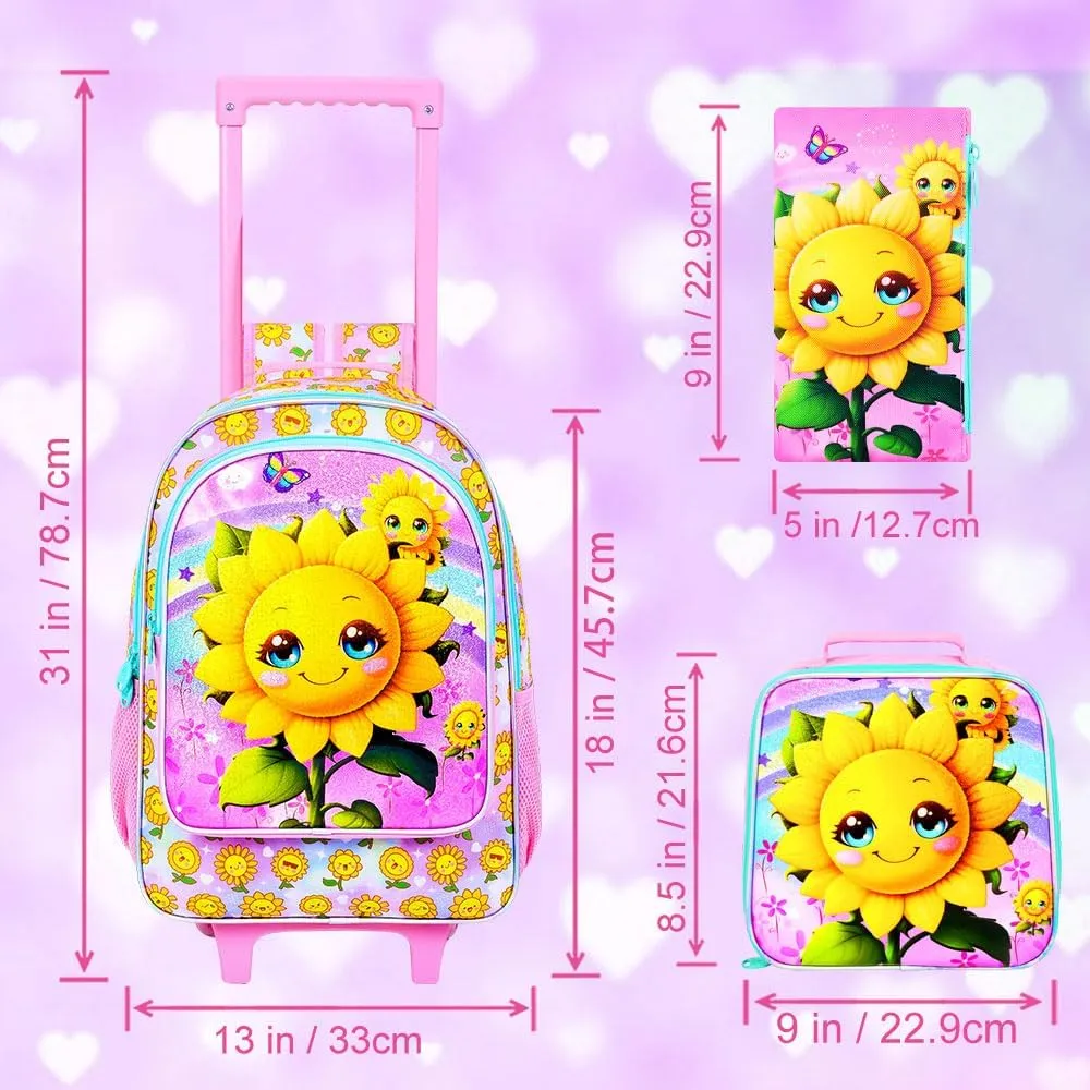 UFNDC 4PCS Rolling Bookbag for Girls, Cute Kids Smiling Sunflower Wheeled Backpack，Roller School Bag with Wheels for Elementary Preschool Travel