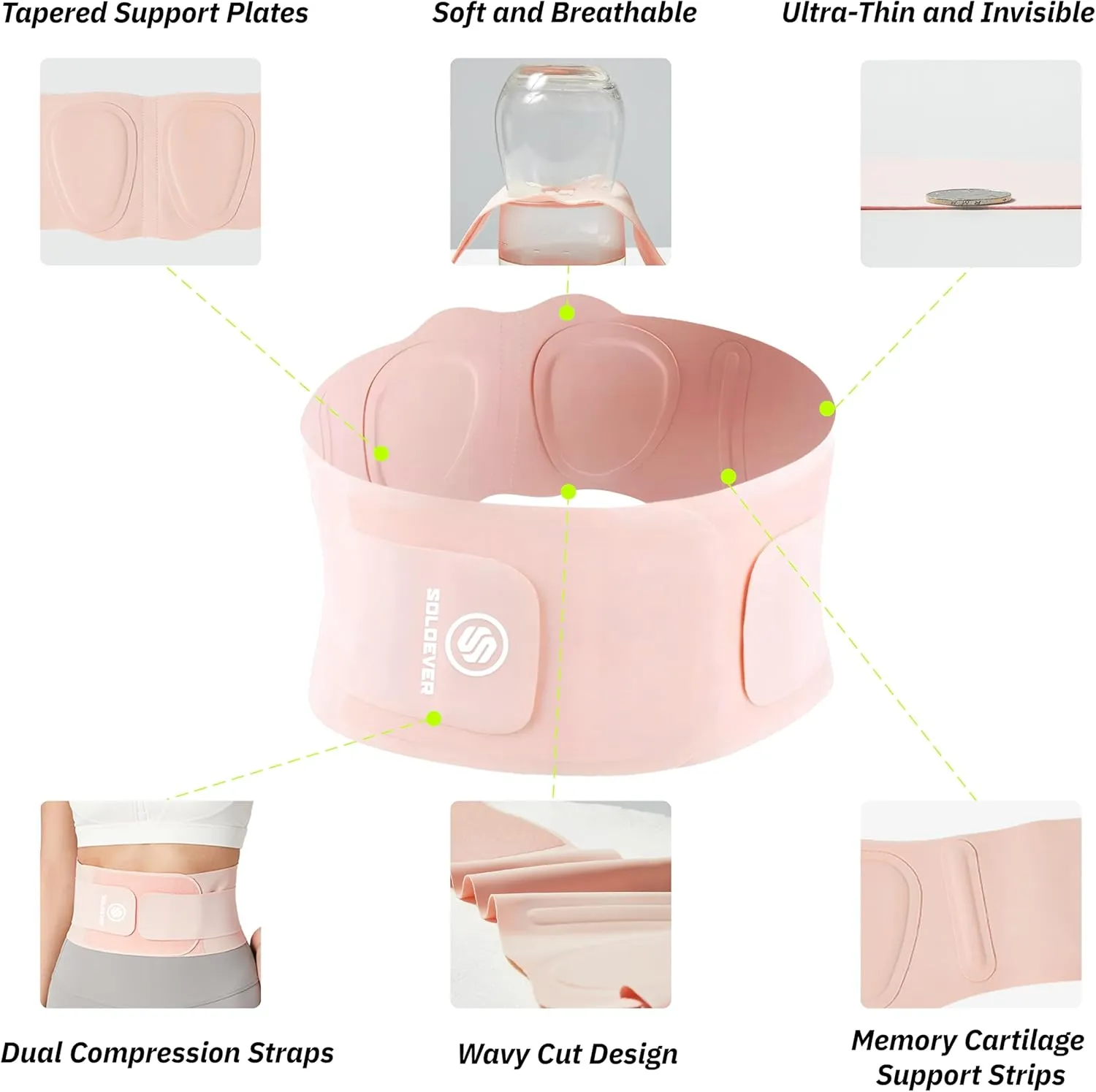 Ultra Thin Back Brace for Lower Back, Breathable Lightweight Back Brace for Women & Men (Pink, Large)