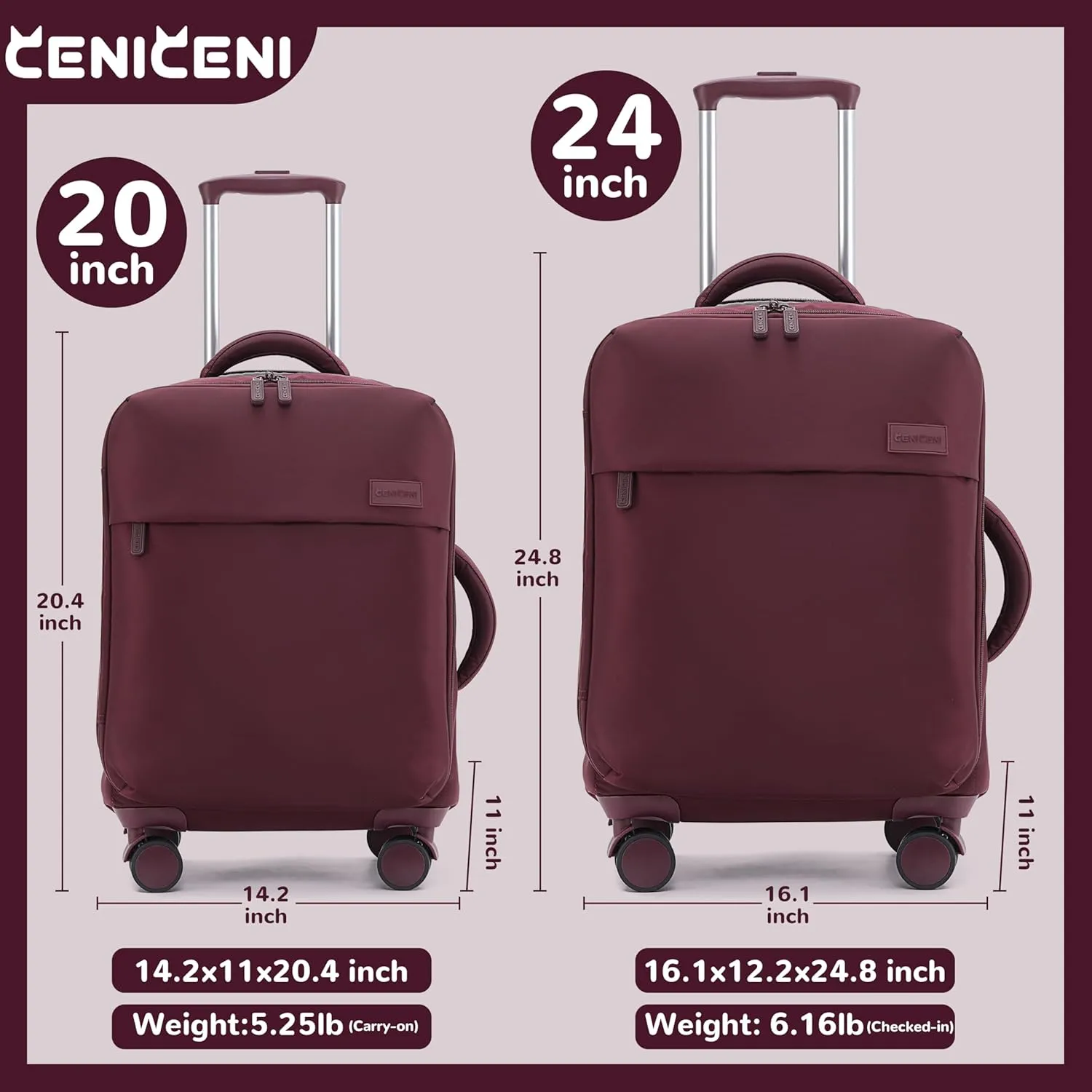 Ultralight 20" 24" Travel Luggage Set Carry-On Airline Approved Softside Suitcase, 360° Spinner Wheels, TSA Lock, with 7-Piece Travel Accessories, Wine Red