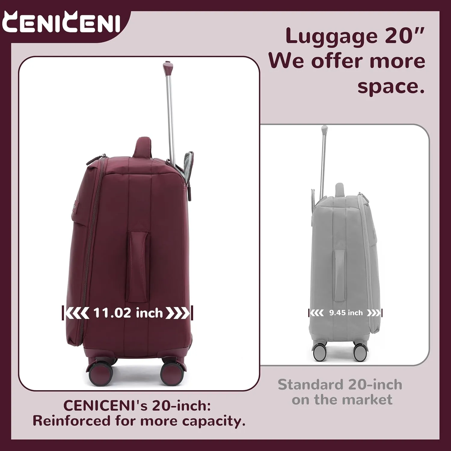 Ultralight 20" 24" Travel Luggage Set Carry-On Airline Approved Softside Suitcase, 360° Spinner Wheels, TSA Lock, with 7-Piece Travel Accessories, Wine Red