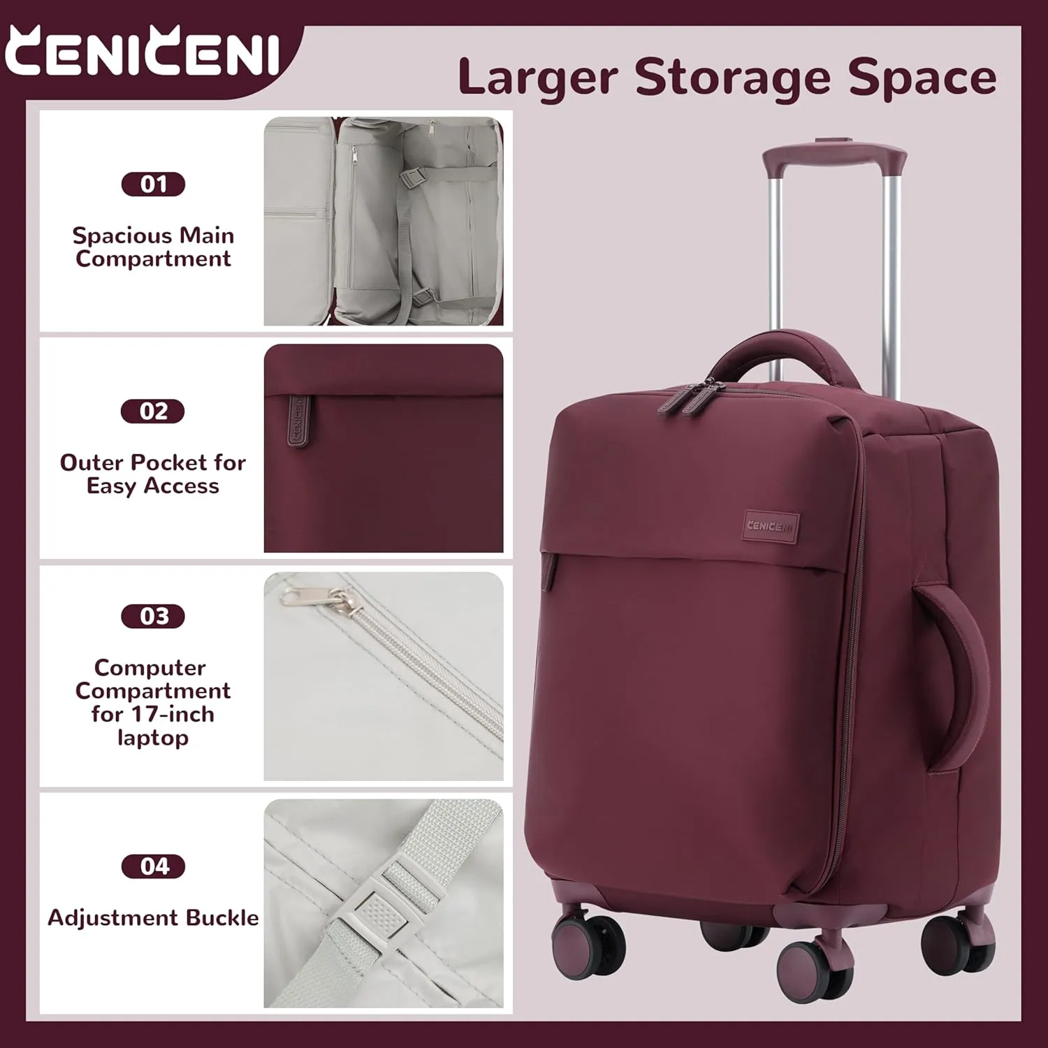 Ultralight 20" 24" Travel Luggage Set Carry-On Airline Approved Softside Suitcase, 360° Spinner Wheels, TSA Lock, with 7-Piece Travel Accessories, Wine Red