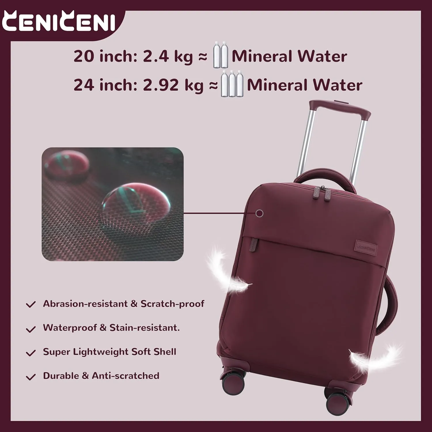 Ultralight 20" 24" Travel Luggage Set Carry-On Airline Approved Softside Suitcase, 360° Spinner Wheels, TSA Lock, with 7-Piece Travel Accessories, Wine Red