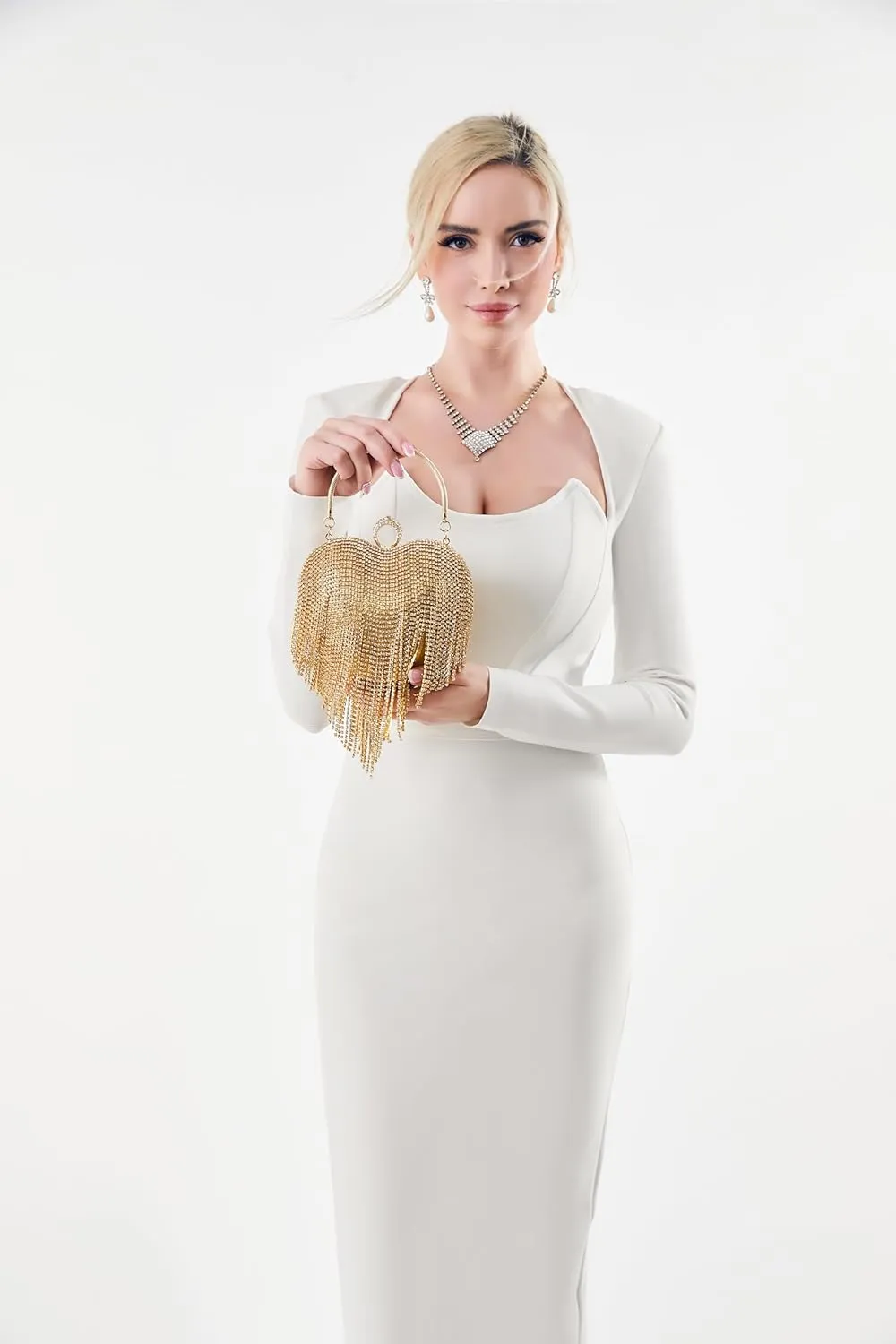 UMREN Women Luxury Heart Shape Tassel Evening Clutch Bag Rhinestones Wedding Party Purse Handbag