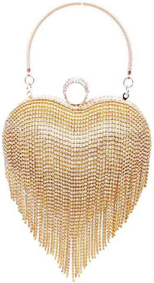 UMREN Women Luxury Heart Shape Tassel Evening Clutch Bag Rhinestones Wedding Party Purse Handbag