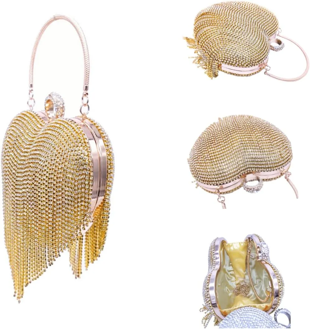 UMREN Women Luxury Heart Shape Tassel Evening Clutch Bag Rhinestones Wedding Party Purse Handbag