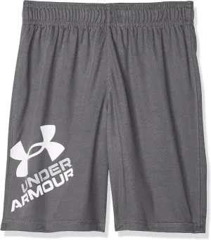 Under Armour Kids Prototype Logo Shorts for Little, and Big Kids - Elasticized Waistband, Graphic Prints, and Pullover Style Pitch Gray/White 7 Big Kid One Size