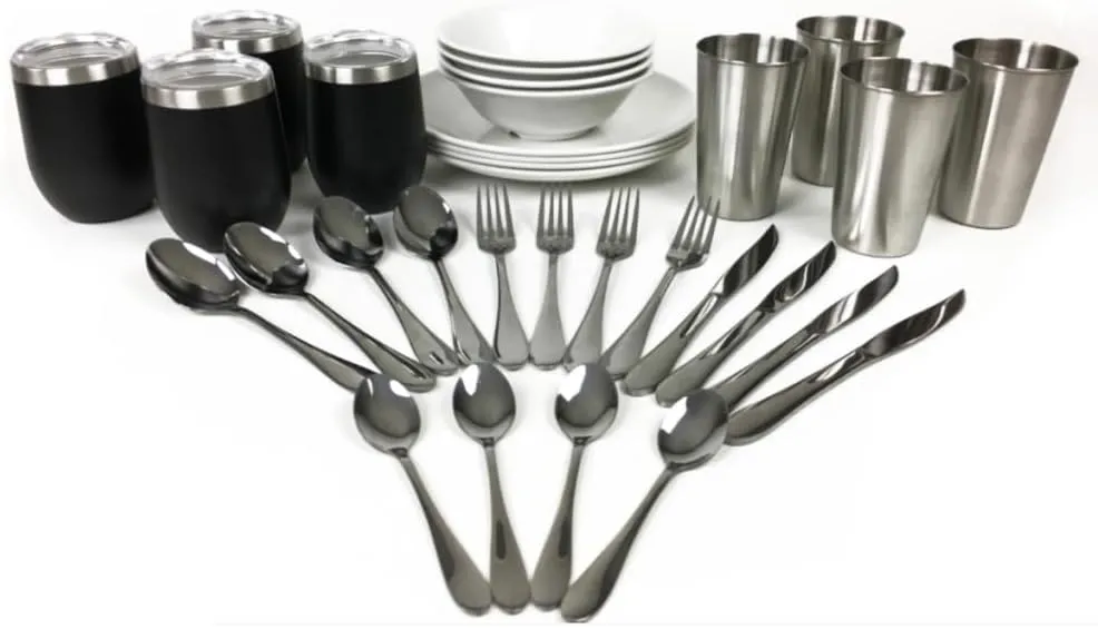 UNPLUG Luxury Camping Plates, Cups and Bowls Set | Dishes & Utensils Including Knives, Spoons and Forks | All-Inclusive Mess Kit | Dinnerware