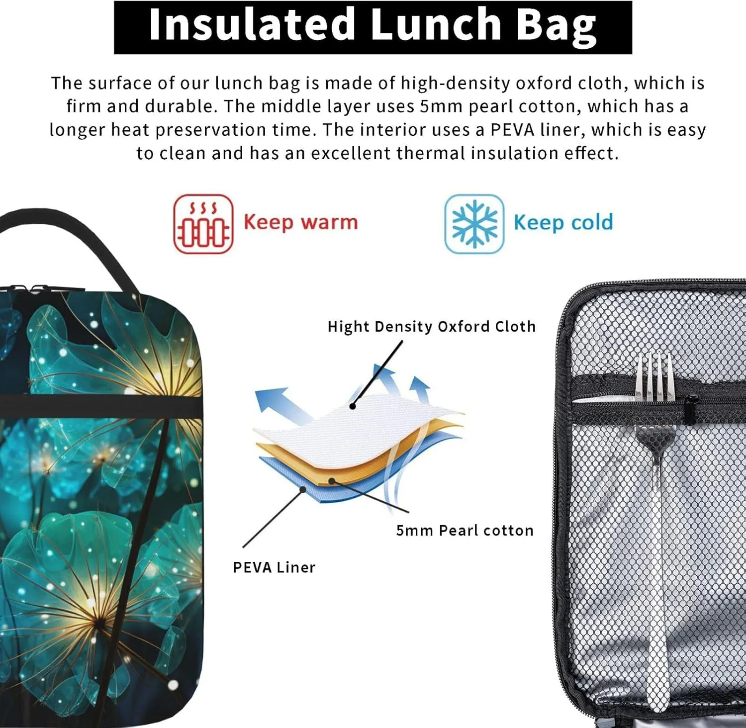 Unreal Flower Lunch Bag Women, Small Leakproof Cooler bag, Reusable Insulated bento lunch box for Work Office Picnic or Travel