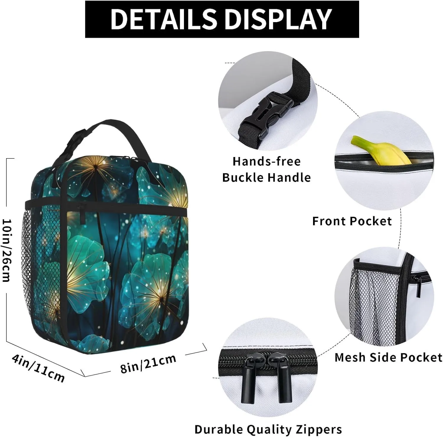 Unreal Flower Lunch Bag Women, Small Leakproof Cooler bag, Reusable Insulated bento lunch box for Work Office Picnic or Travel