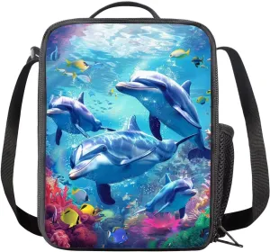 Upetstory Adorable Dolphin Lunch Bag Insulated Lunch Box Handy Lunchbag Crossbody Lunch Box Meal Prep Organzier for Women Girls Boys Kids Family Outdoor School Office Beach