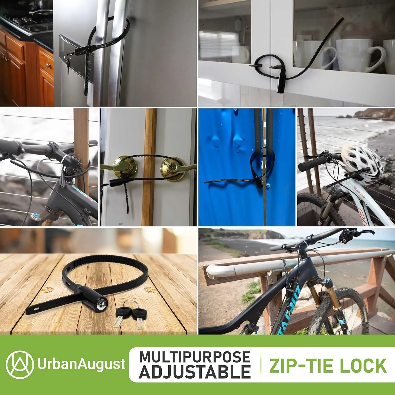 Urban August Adjustable Zip Tie Lock for Refrigerator Door Cabinet Bike Stroller Helmet - Multi-Purpose Keyed French Door Lock - Stainless Steel Fridge Lock with Key - Black, 2 Pack…