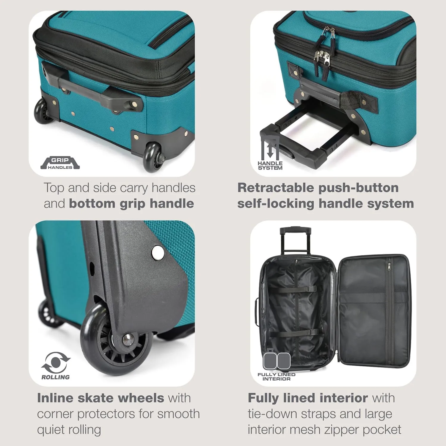 U.S. Traveler Rio Rugged Fabric Expandable Carry-on Luggage, 2 Rolling Suitcase, Teal, 2 Wheel-2 Piece