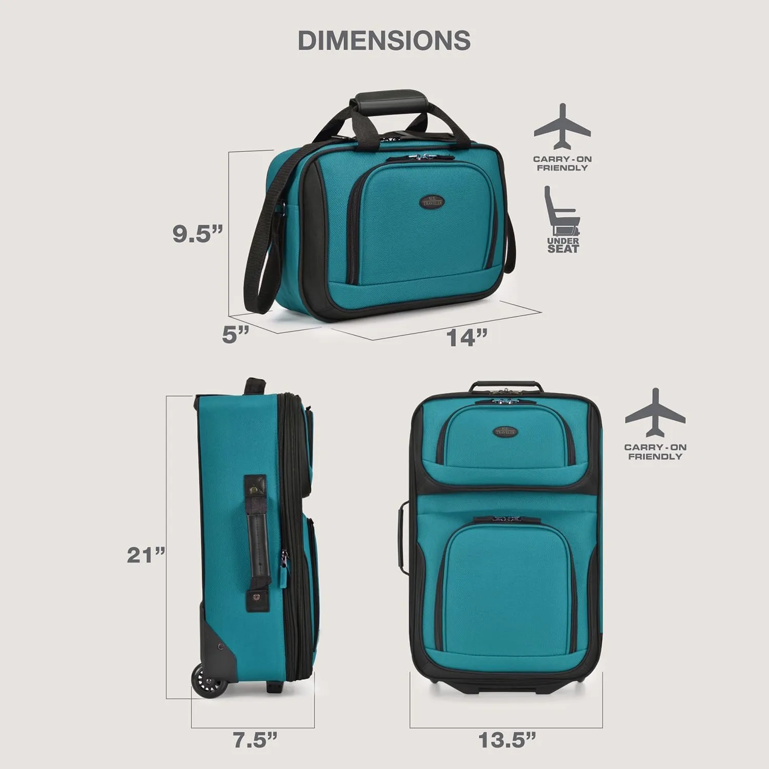 U.S. Traveler Rio Rugged Fabric Expandable Carry-on Luggage, 2 Rolling Suitcase, Teal, 2 Wheel-2 Piece