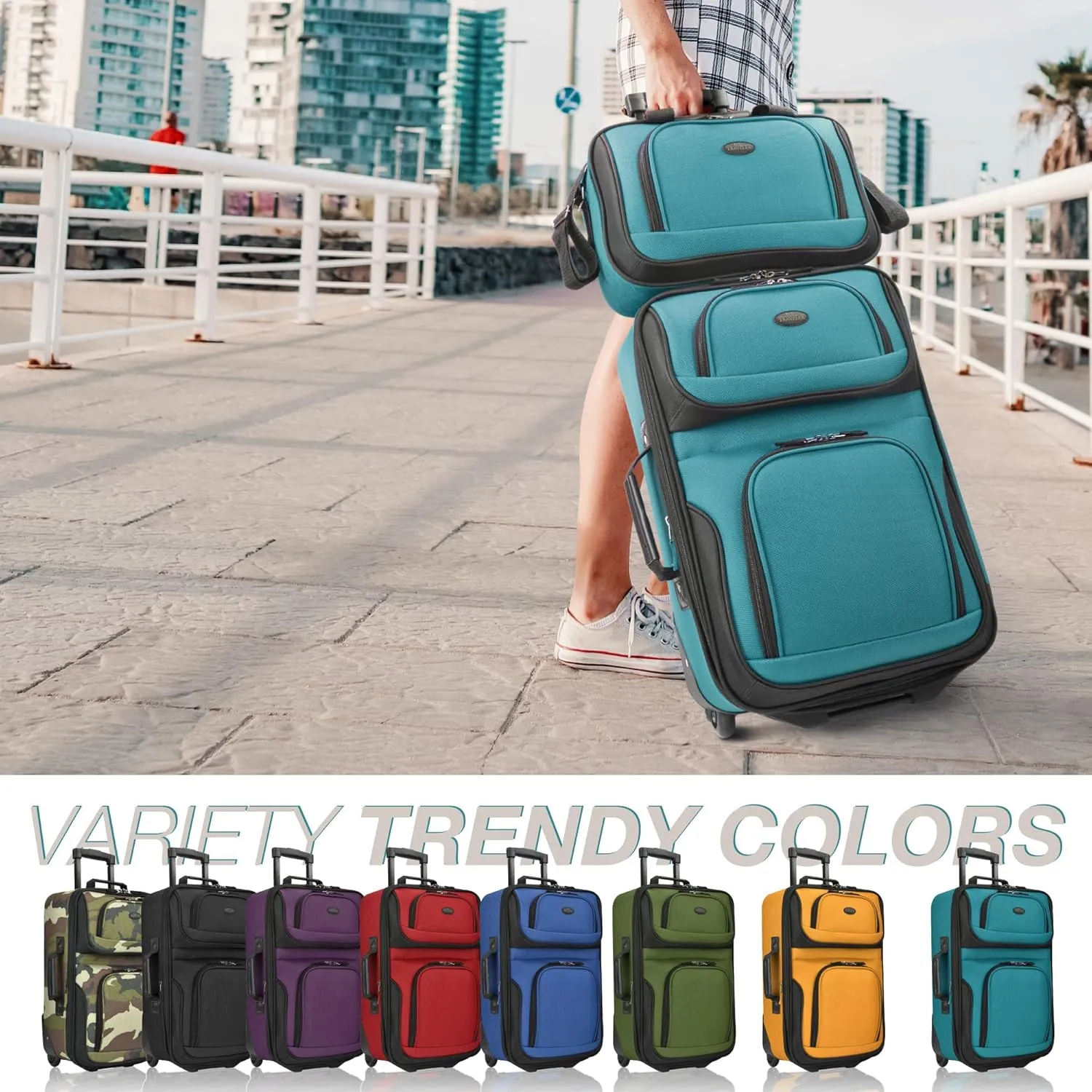 U.S. Traveler Rio Rugged Fabric Expandable Carry-on Luggage, 2 Rolling Suitcase, Teal, 2 Wheel-2 Piece