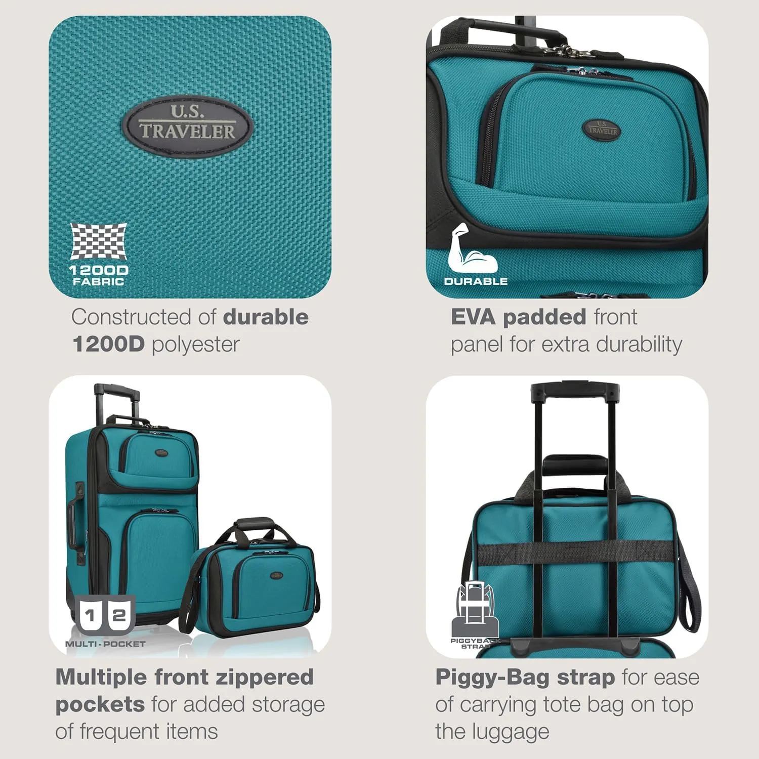 U.S. Traveler Rio Rugged Fabric Expandable Carry-on Luggage, 2 Rolling Suitcase, Teal, 2 Wheel-2 Piece
