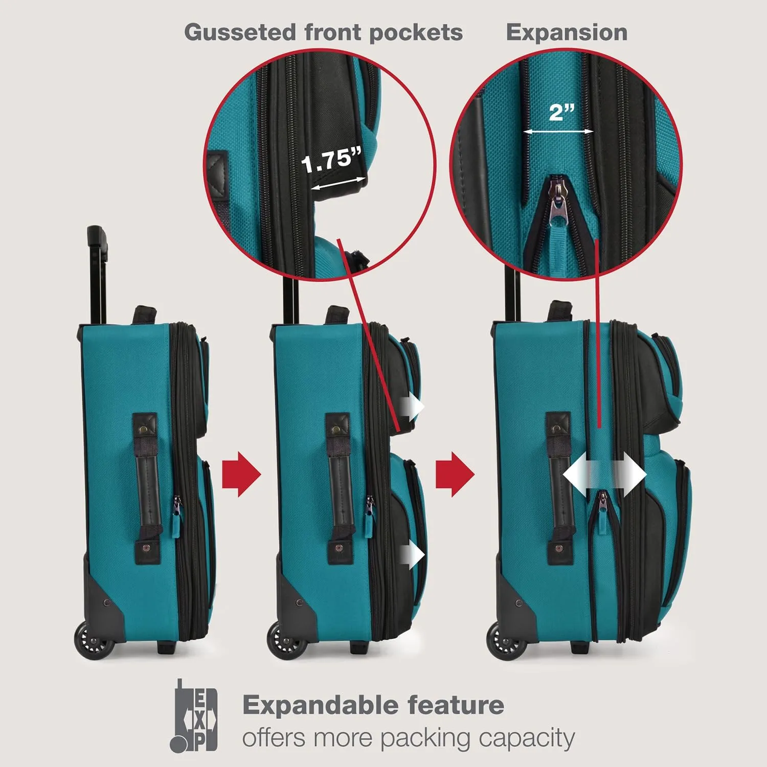 U.S. Traveler Rio Rugged Fabric Expandable Carry-on Luggage, 2 Rolling Suitcase, Teal, 2 Wheel-2 Piece