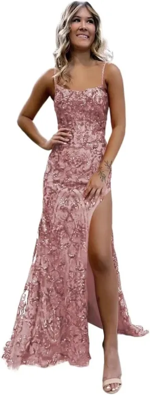 UZN Long Tight Sequin Prom Dresses for Women with Slit Sparkly Spaghetti Straps Formal Evening Gowns