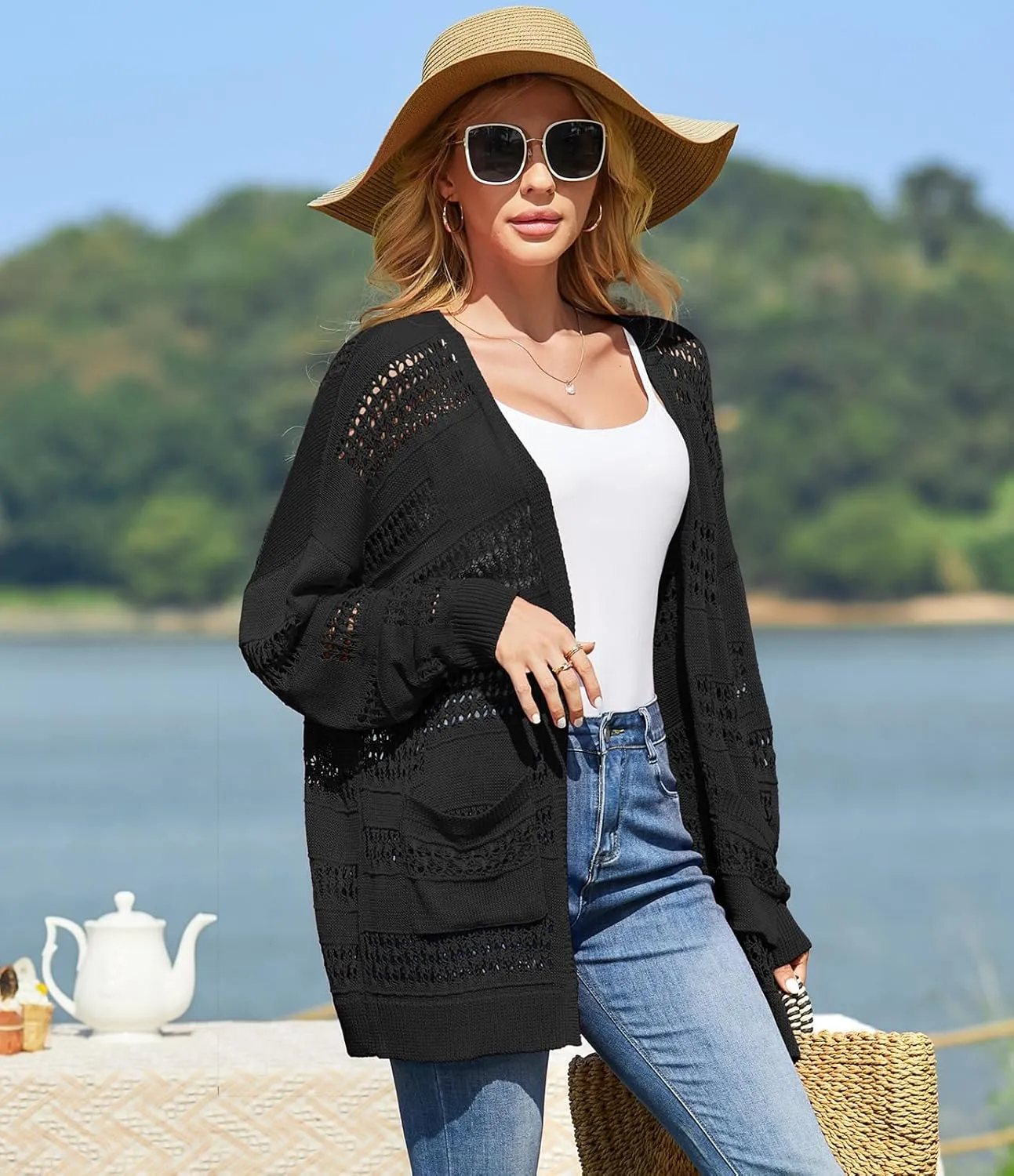 V FOR CITY Women's Cardigans Lightweight Summer Crochet Oversized Long Sleeved Open Front Knit Sweater Trendy