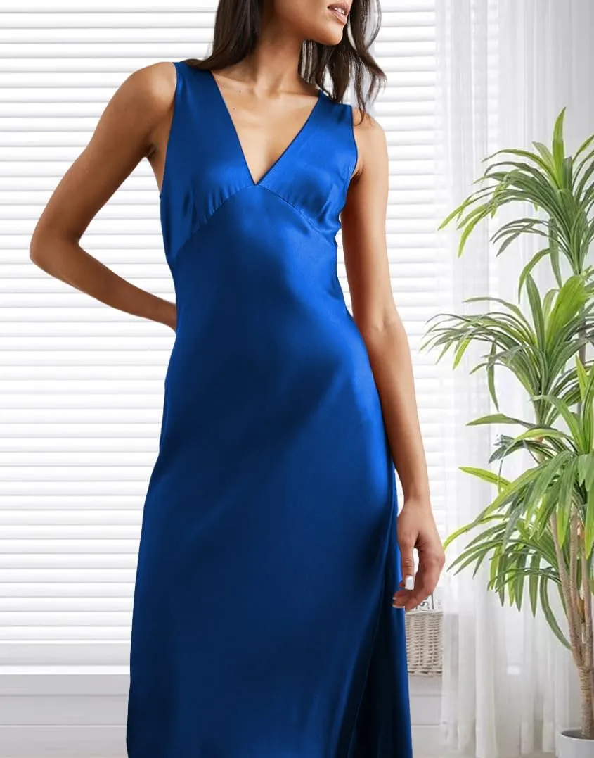V Neck Satin Formal Midi Dress for Women Wedding Guest Cocktail Party 2025