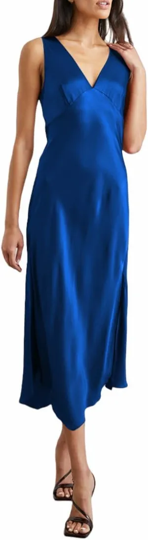 V Neck Satin Formal Midi Dress for Women Wedding Guest Cocktail Party 2025