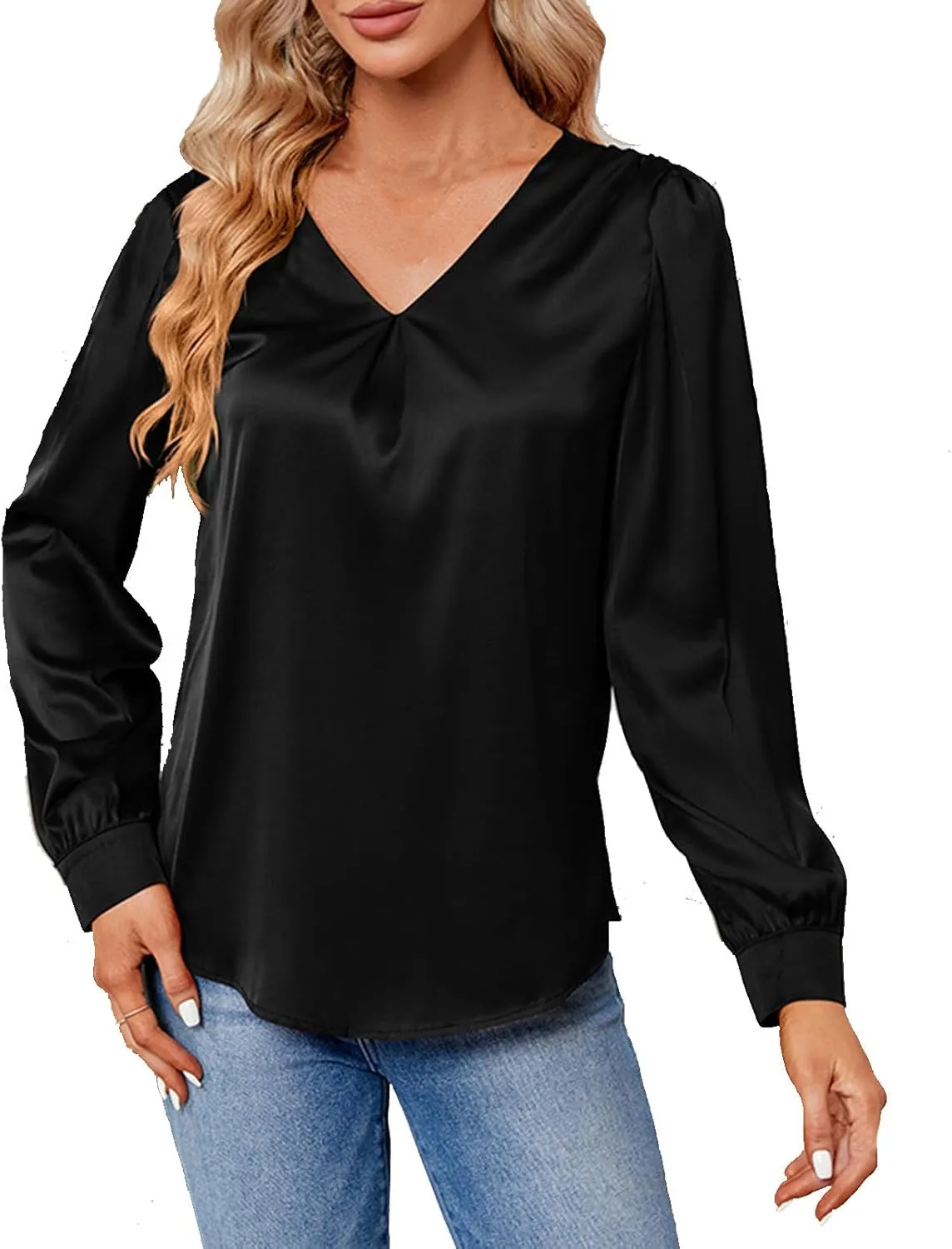 v Neck Tops for Women Satin Pleated Loose Solid Long Sleeve Blouse Lightweight Comfy Flowy Shirts Fall Spring Clothes