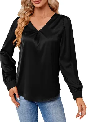 v Neck Tops for Women Satin Pleated Loose Solid Long Sleeve Blouse Lightweight Comfy Flowy Shirts Fall Spring Clothes