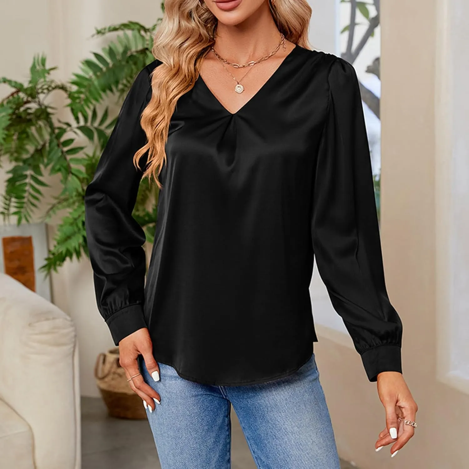 v Neck Tops for Women Satin Pleated Loose Solid Long Sleeve Blouse Lightweight Comfy Flowy Shirts Fall Spring Clothes