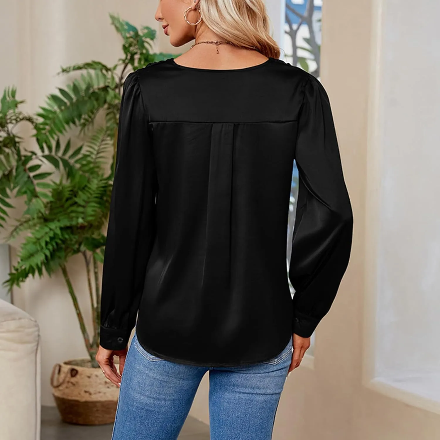 v Neck Tops for Women Satin Pleated Loose Solid Long Sleeve Blouse Lightweight Comfy Flowy Shirts Fall Spring Clothes