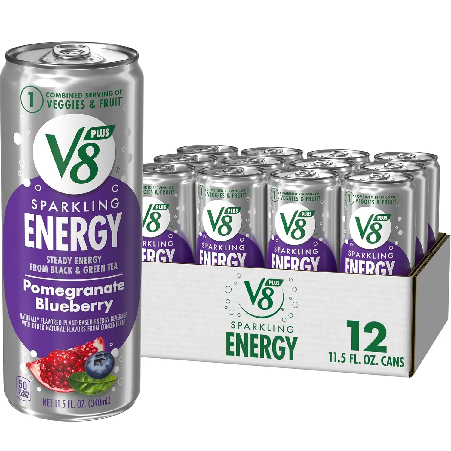 V8  Energy Sparkling Pomegranate Blueberry Juice Energy Drink, 11.5 fl oz Can (12 Pack)