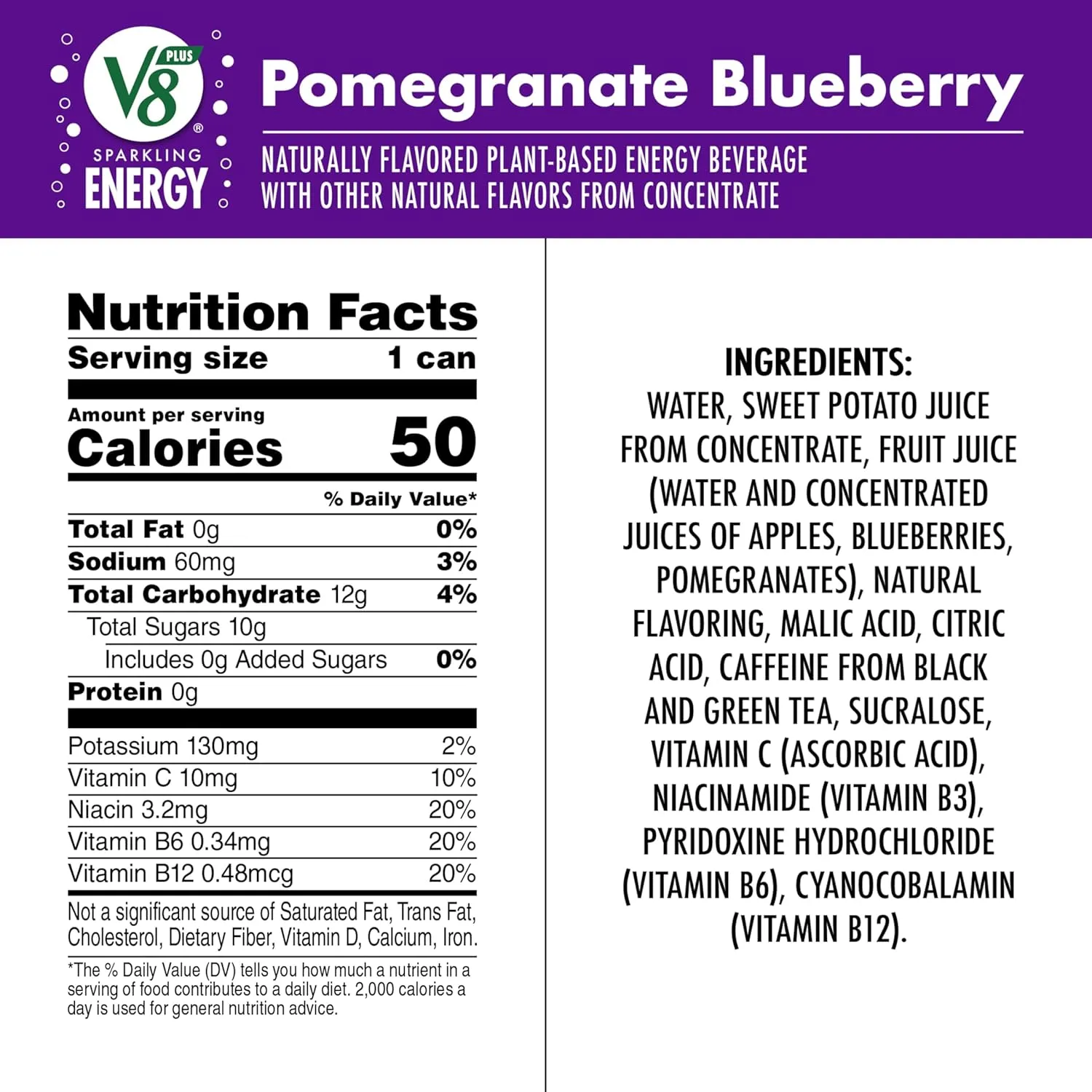V8  Energy Sparkling Pomegranate Blueberry Juice Energy Drink, 11.5 fl oz Can (12 Pack)