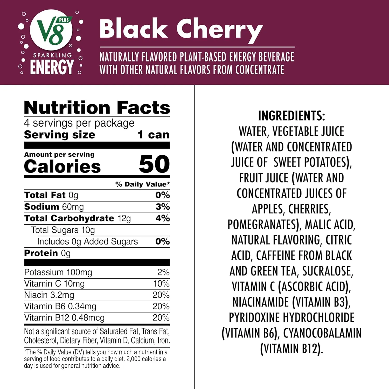 V8 SPARKLING  ENERGY Black Cherry Energy Drink, 11.5 fl oz Can (Pack of 8)
