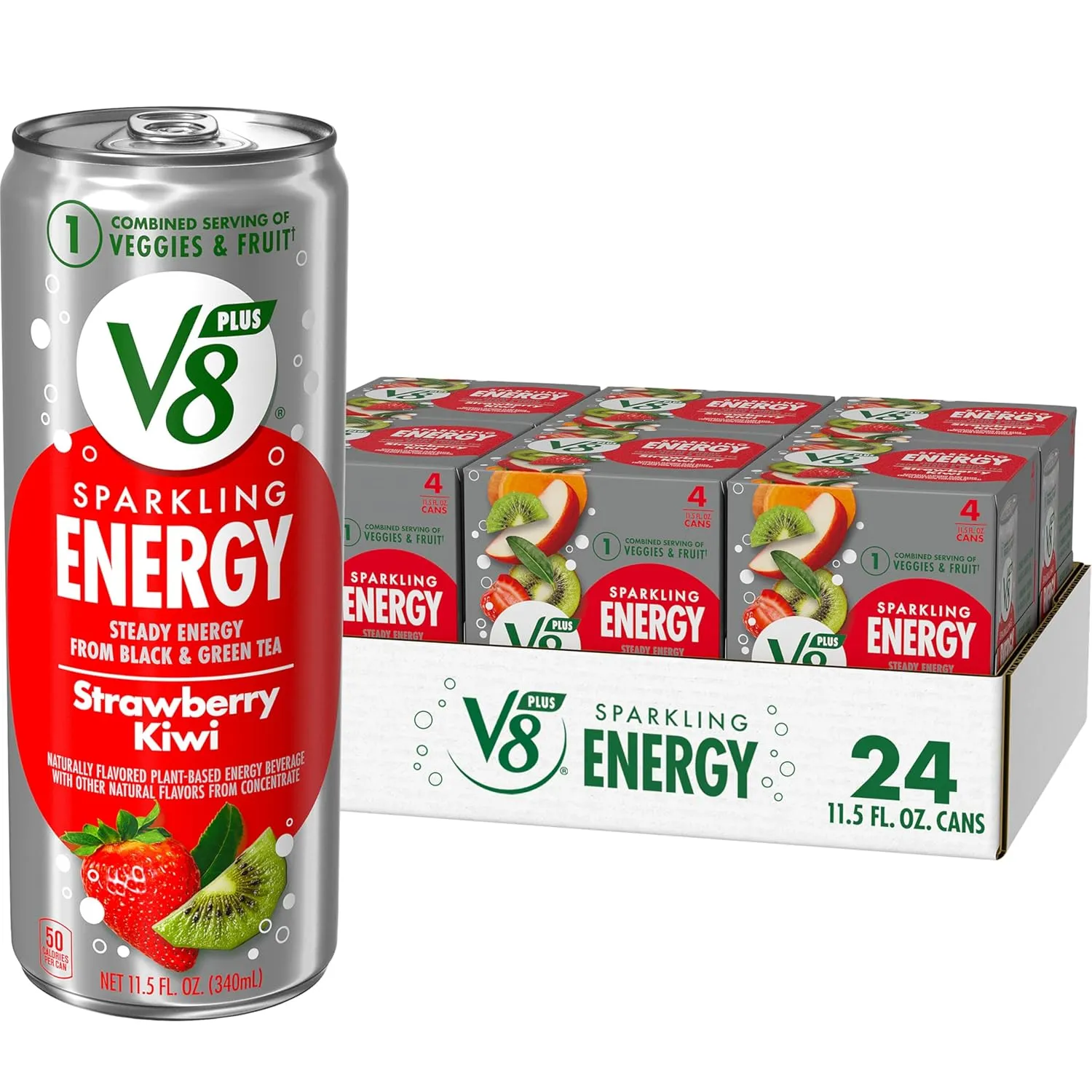 V8  SPARKLING ENERGY Strawberry Kiwi Energy Drink, Made with Real Vegetable and Fruit Juices, 11.5 FL OZ Can (6 Packs of 4)
