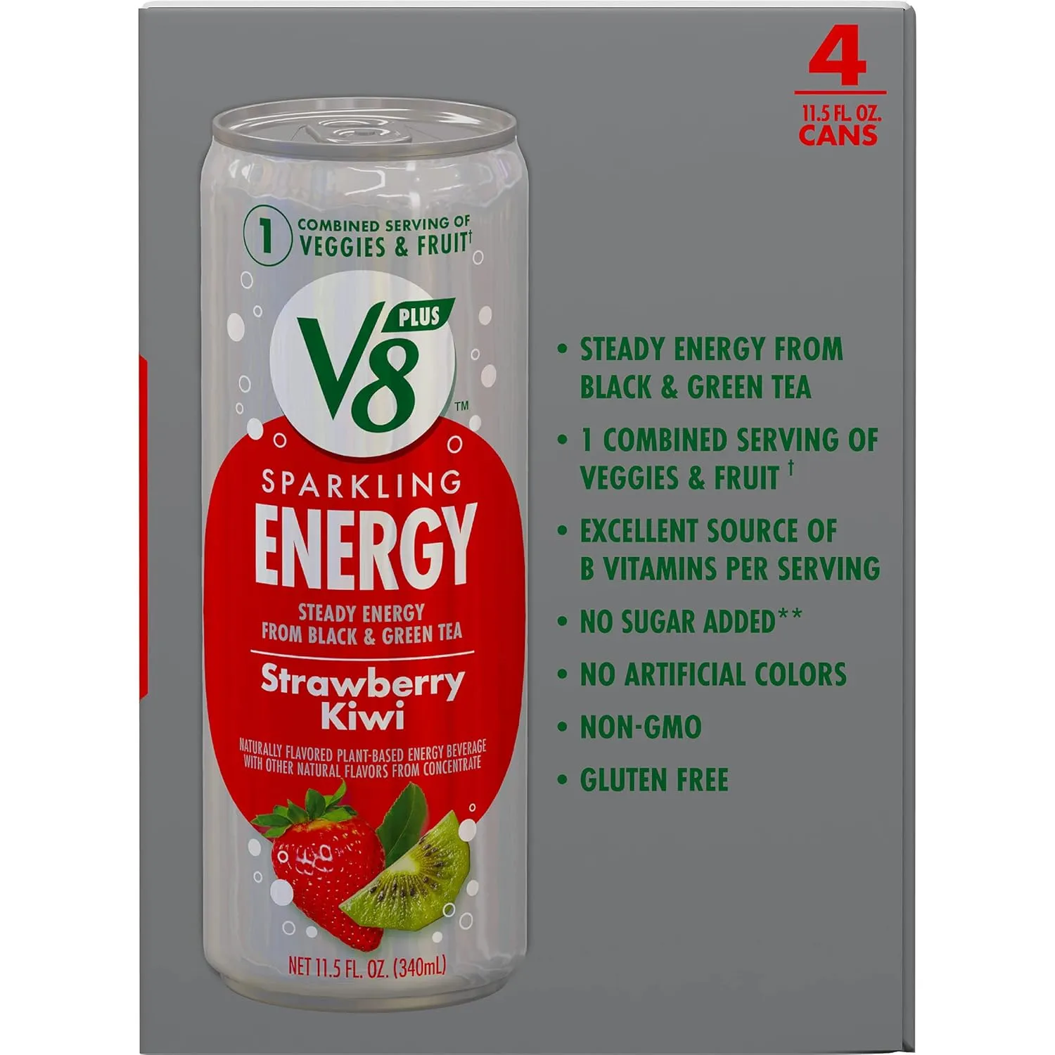 V8  SPARKLING ENERGY Strawberry Kiwi Energy Drink, Made with Real Vegetable and Fruit Juices, 11.5 FL OZ Can (6 Packs of 4)