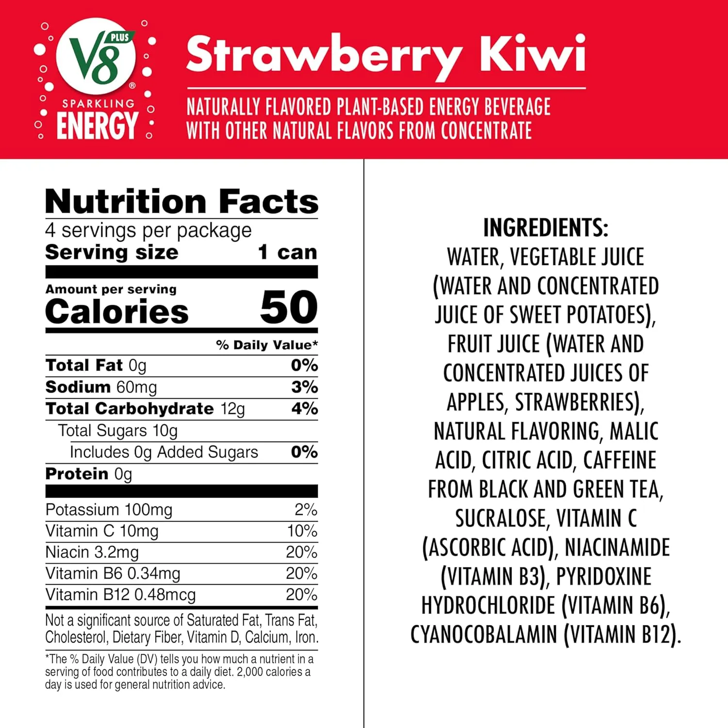V8  SPARKLING ENERGY Strawberry Kiwi Energy Drink, Made with Real Vegetable and Fruit Juices, 11.5 FL OZ Can (6 Packs of 4)