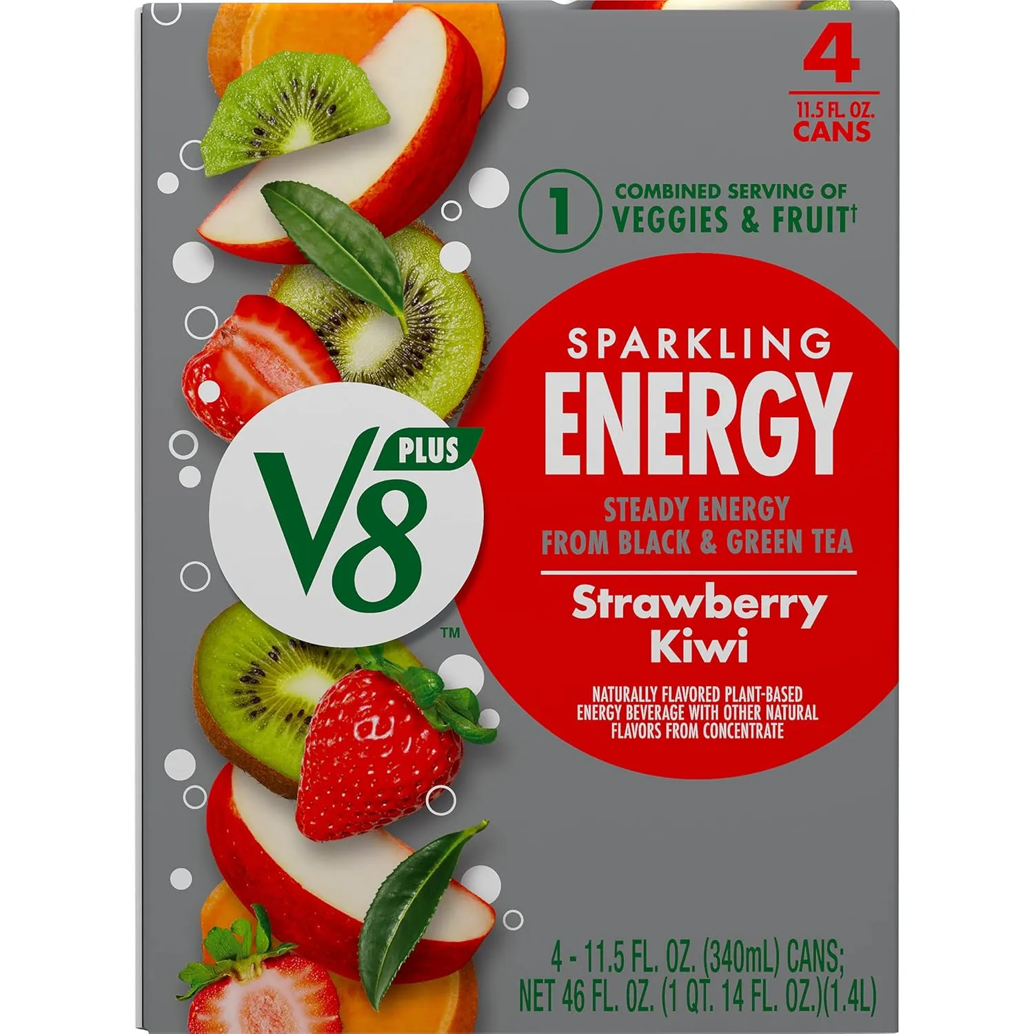 V8  SPARKLING ENERGY Strawberry Kiwi Energy Drink, Made with Real Vegetable and Fruit Juices, 11.5 FL OZ Can (6 Packs of 4)