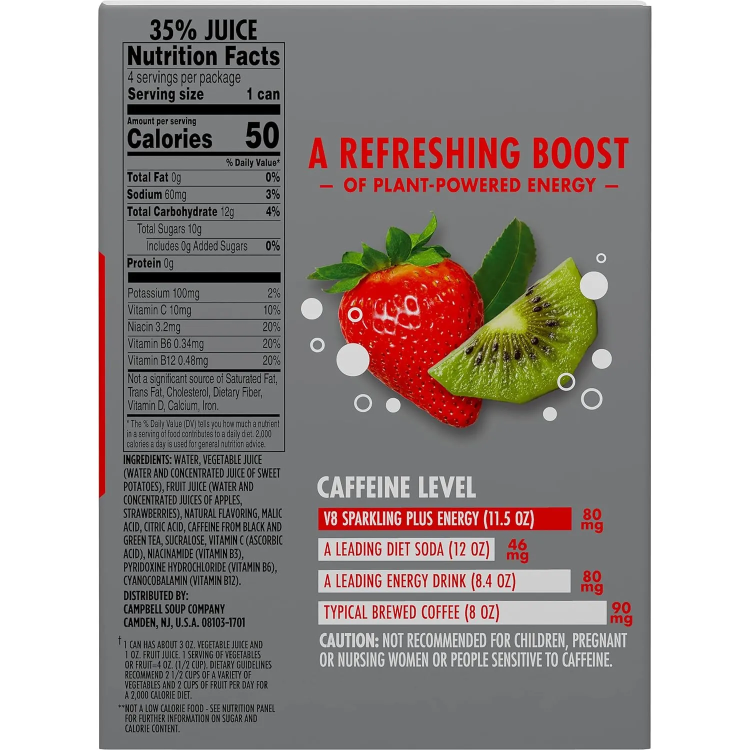 V8  SPARKLING ENERGY Strawberry Kiwi Energy Drink, Made with Real Vegetable and Fruit Juices, 11.5 FL OZ Can (6 Packs of 4)