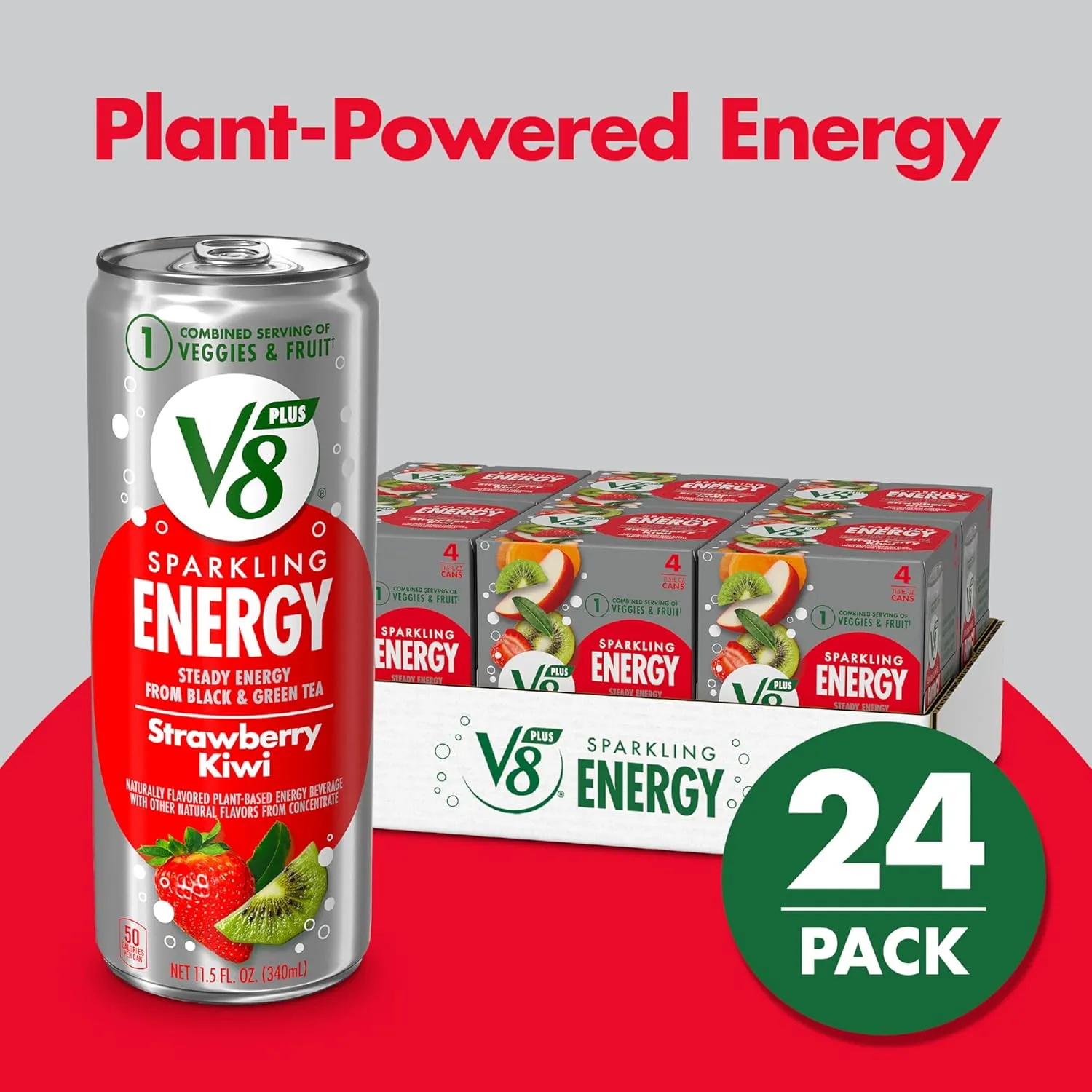 V8  SPARKLING ENERGY Strawberry Kiwi Energy Drink, Made with Real Vegetable and Fruit Juices, 11.5 FL OZ Can (6 Packs of 4)