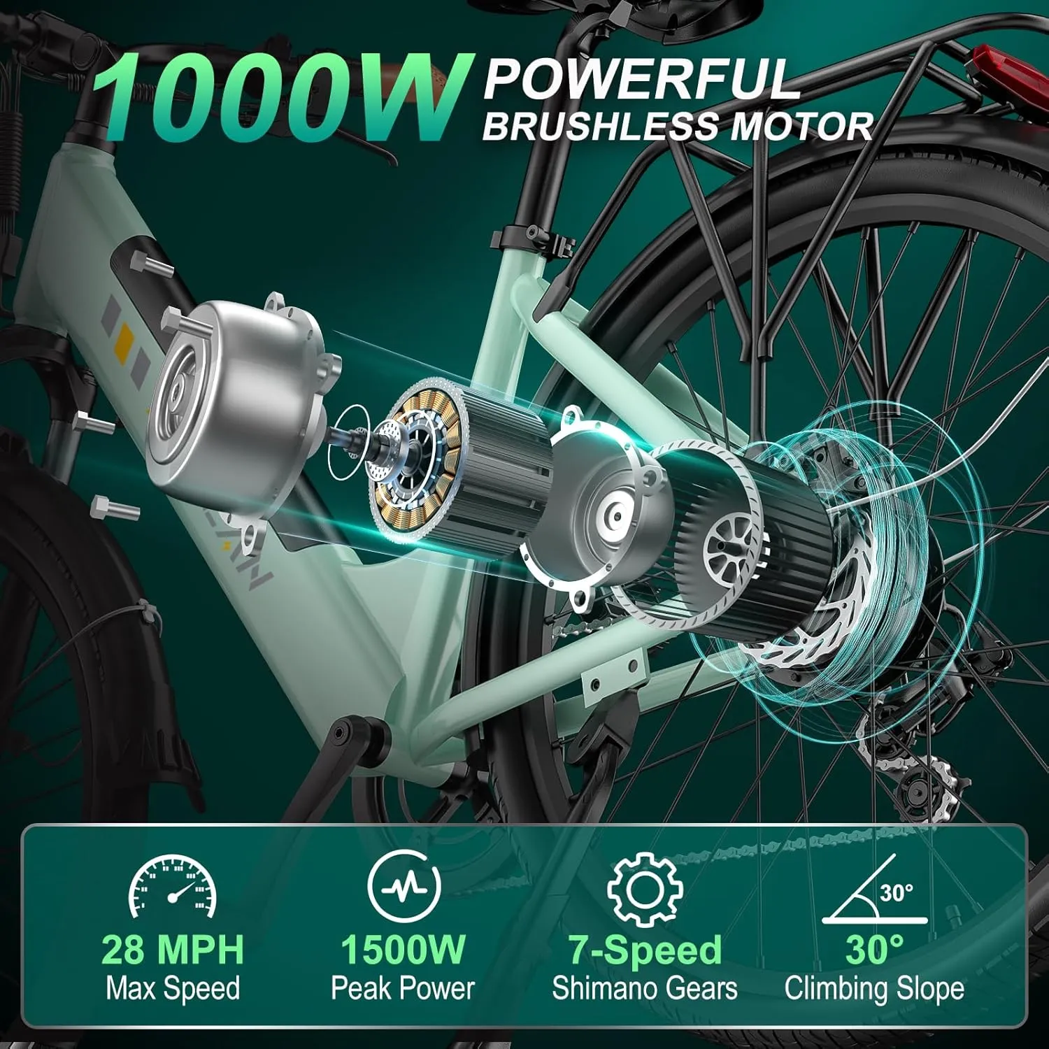 V80 Electric Bike, 1000W Motor 28MPH Ebike, 48V 13Ah Removeable Battery, 26'' City Cruiser Adult Electric Bicycles up to 70 Miles, 7-Speed Dual Disc Brake, Mountain E Bike for Commuting