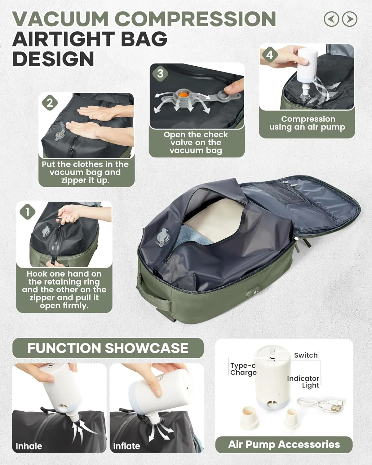 Vacuum Seal Backpack for Travel with Air Pump Vacpack Airback Carry on Flight Approved Compression Daypack Laptop Space Saver Bags Storage with Vacuum System 18x14x8 inches Travel Bag Women GreyGreen